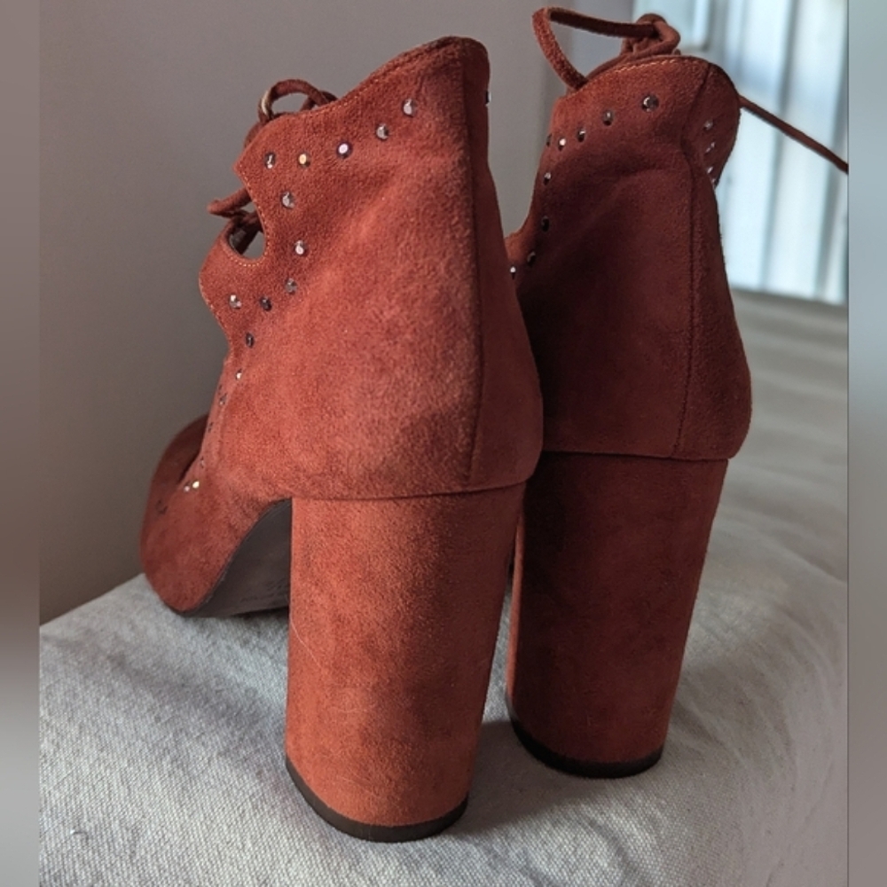 Sapena Spain Lace Up Chunky Ankle Heel Brown Suede Leather Round Yoe Euro 37.5 - Picture 9 of 16